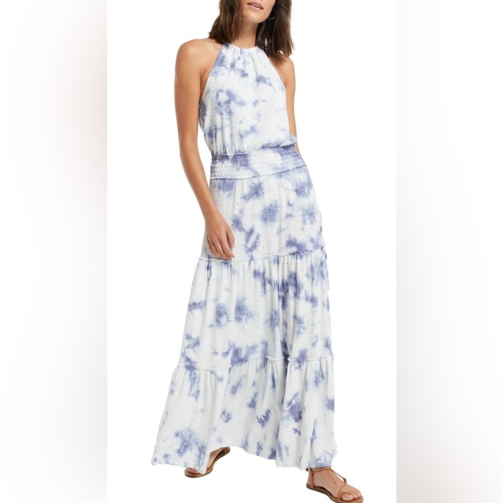 Z SUPPLY The Beverly Maxi Dress Tiered Smock Waist Cloudy Tie-Dye White/Blue XS